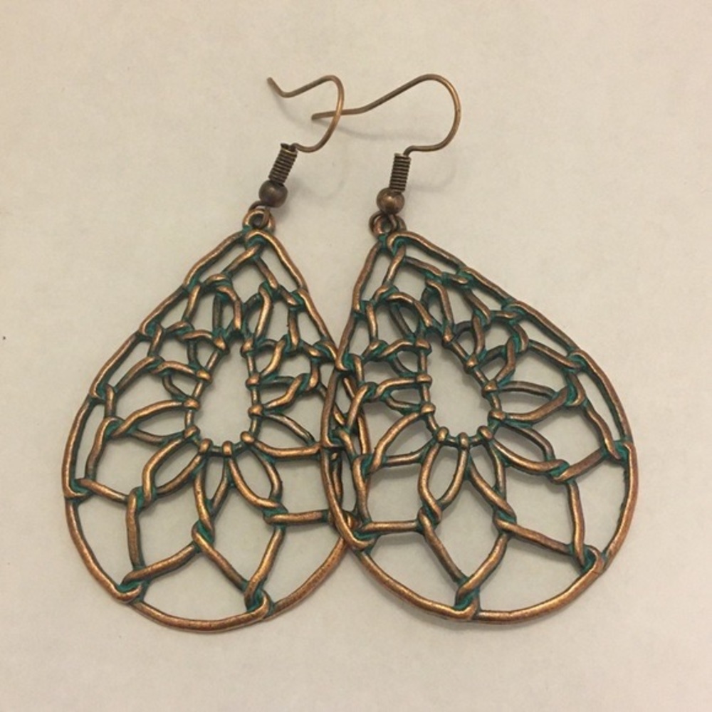 New Bohemian Cut Out Floral Dream Catcher Copper Turquoise Dangle Earrings - Picture 7 of 8